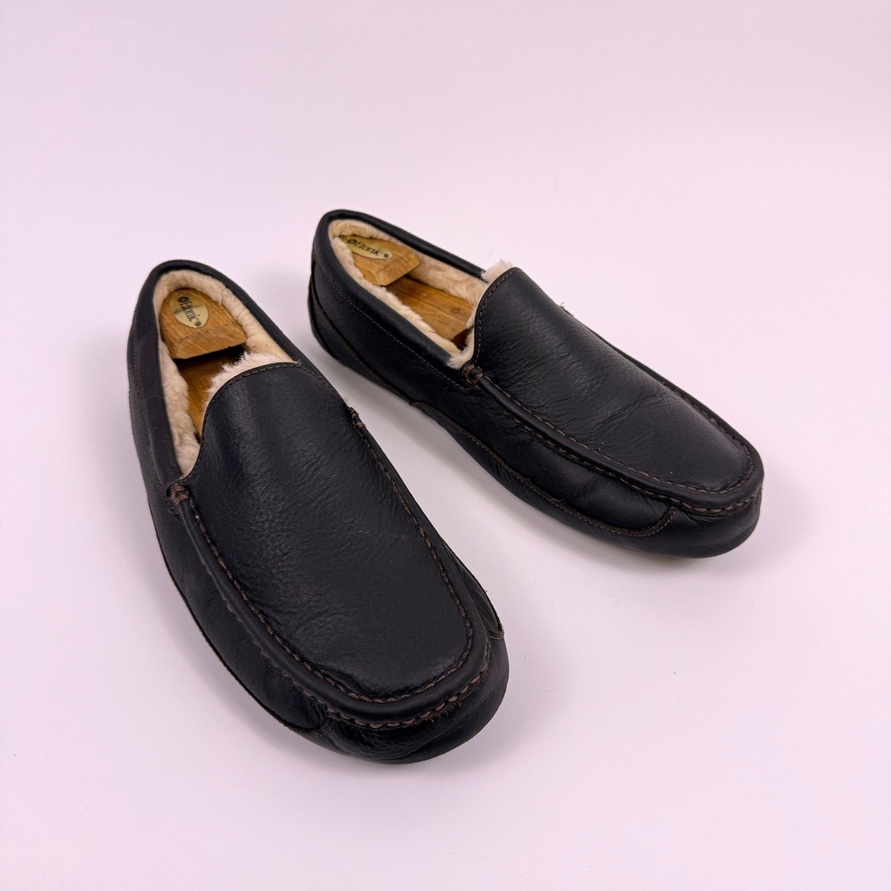 UGG Ascot Moccasin Slippers Mens 13 Brown Leather Shearling Lined Loafers